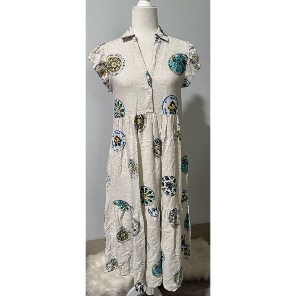Jane + Delancey fruit and feather print linen blend dress S